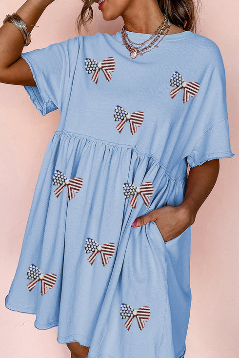 Patriotic Sequin Flag Bow Applique Babydoll T Shirt Dress With Pockets